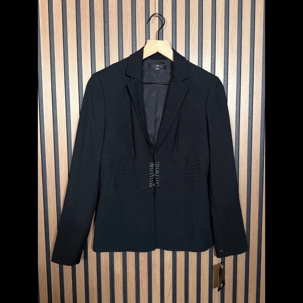 New Teenflo Suit Jacket 6 Womens Black Hook & Eye Blazer Stretch Fabric